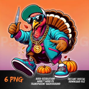 Pavo gánster PNG / Divertido clipart de pavo de Acción de Gracias con cuchillo y adornos / Diseño de sublimación de pájaro festivo urbano