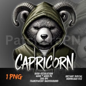 Capricorn Bear Hoodie PNG | Zodiac Goat Horn DTF Transfer Design | Streetwear Astrology Clipart | Sublimation Printable for Hip Hop Shirts