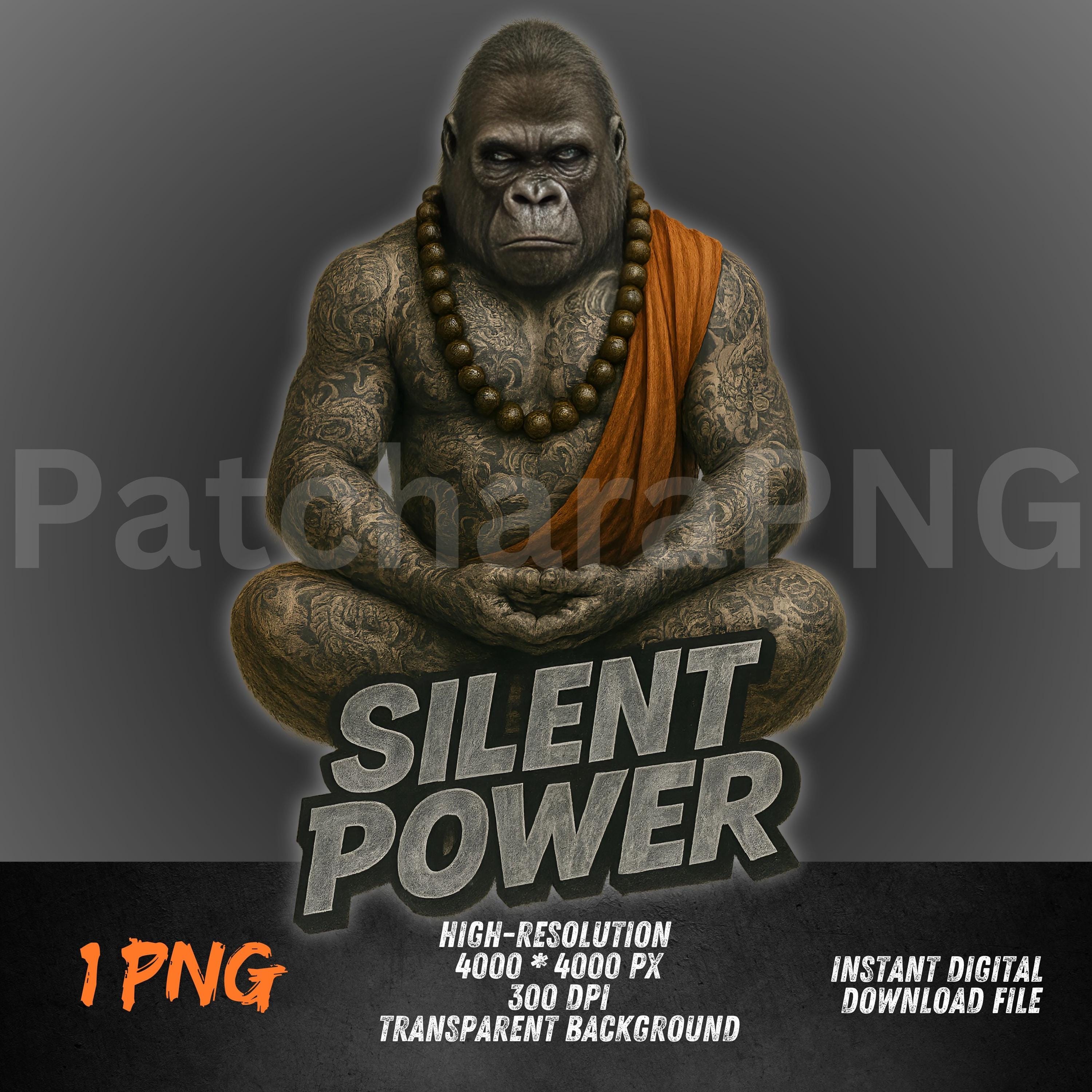 Silent Power Gorilla PNG | Meditating Ape Clipart with Quote | Urban Zen Strength Animal | Minimal Sublimation Art | Cool Calm Beast