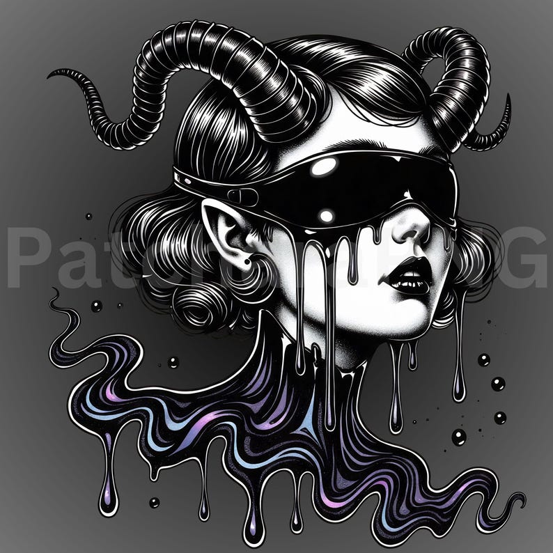 Pu&ograve; includere: Illustrazione in bianco e nero di una donna con corna, una benda e liquido che gocciola. Il liquido scorre dalla benda e dal collo, con un tocco di viola e blu. La donna ha i capelli scuri e uno sfondo scuro.