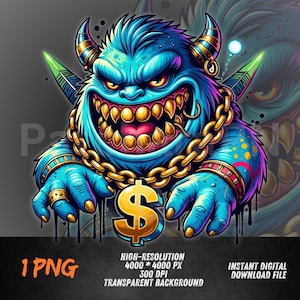 Graffiti Money Monster PNG | Hip Hop Cartoon Beast Clipart | Sublimation & DTF File for Streetwear Merch
