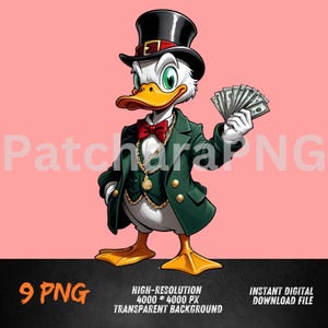 Scrooge Money Duck Digital Art, Duck in High-Fashion with Gold Chain Cartoon, Dollar Bills Wall Art Print