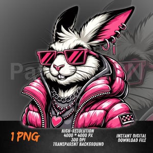 Puede incluir: Ilustración digital de un conejo genial con gafas de sol rosas, una chaqueta acolchada rosa y múltiples collares de cadena plateada. El conejo tiene pendientes rosas y un colgante de corazón. Incluye el texto "1 PNG".