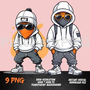 Hip-Hop Ski Mask Characters PNG Duo | Gangsta Streetwear Cartoon | DTF, Sublimation, Sticker Clipart