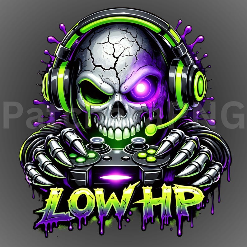 skull gaming , Gaming Skull PNG Neon Drip Headset Controller Dark Graffiti Clipart image 2