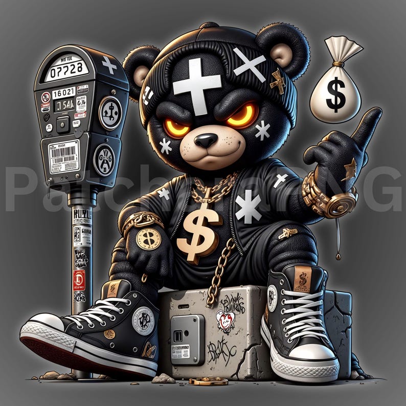May include: A black teddy bear wearing a leather jacket, gold chain with a dollar sign pendant, and high-top sneakers. The bear is sitting on a concrete block with graffiti, next to a parking meter and a money bag.