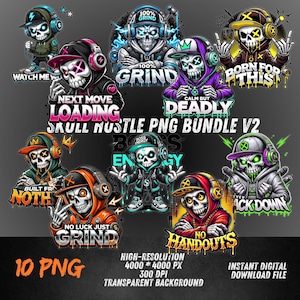 May include: A digital download bundle showcasing ten skull designs, each wearing headphones and caps, with diverse graphics and text. The designs include phrases like "100% Grind" and "Born for This." The bundle offers high-resolution PNG files for instant download.