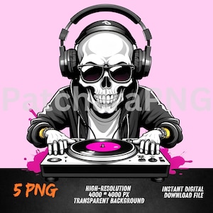DJ Skull PNG | Skull with Headphones and Turntable Clipart | Music Skeleton Design | Hip Hop Party Art | Sublimation PNG