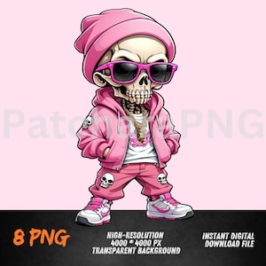 Cool Skull Cartoon Character in Pink Hip-Hop Streetwear | Graffiti-Style Skeleton Art Printable PNG | Urban T-Shirt Design