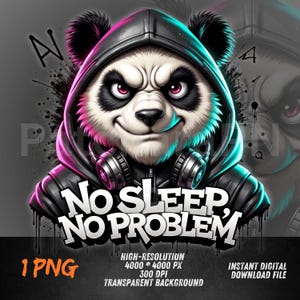 May include: A digital illustration of a panda wearing a black hoodie and headphones. The panda has a mischievous grin and pink eyes. The text "NO SLEEP, NO PROBLEM" is displayed in white, graffiti-style lettering.