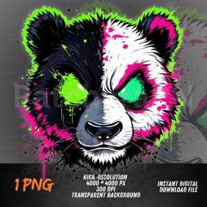 Op de afbeelding: Digitale illustratie van een pandabeergezicht, verticaal verdeeld met zwart-witte vacht. De beer heeft neon groene ogen en roze accenten. De afbeelding bevat de tekst "1 PNG", "HOGE RESOLUTIE", "DIRECT DIGITALE DOWNLOAD" en andere details.