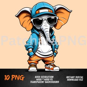 Hip-Hop Elephant PNG | Cool Cartoon Animal Graphic | Urban Streetwear Design | Digital Download for T-Shirts & Decor