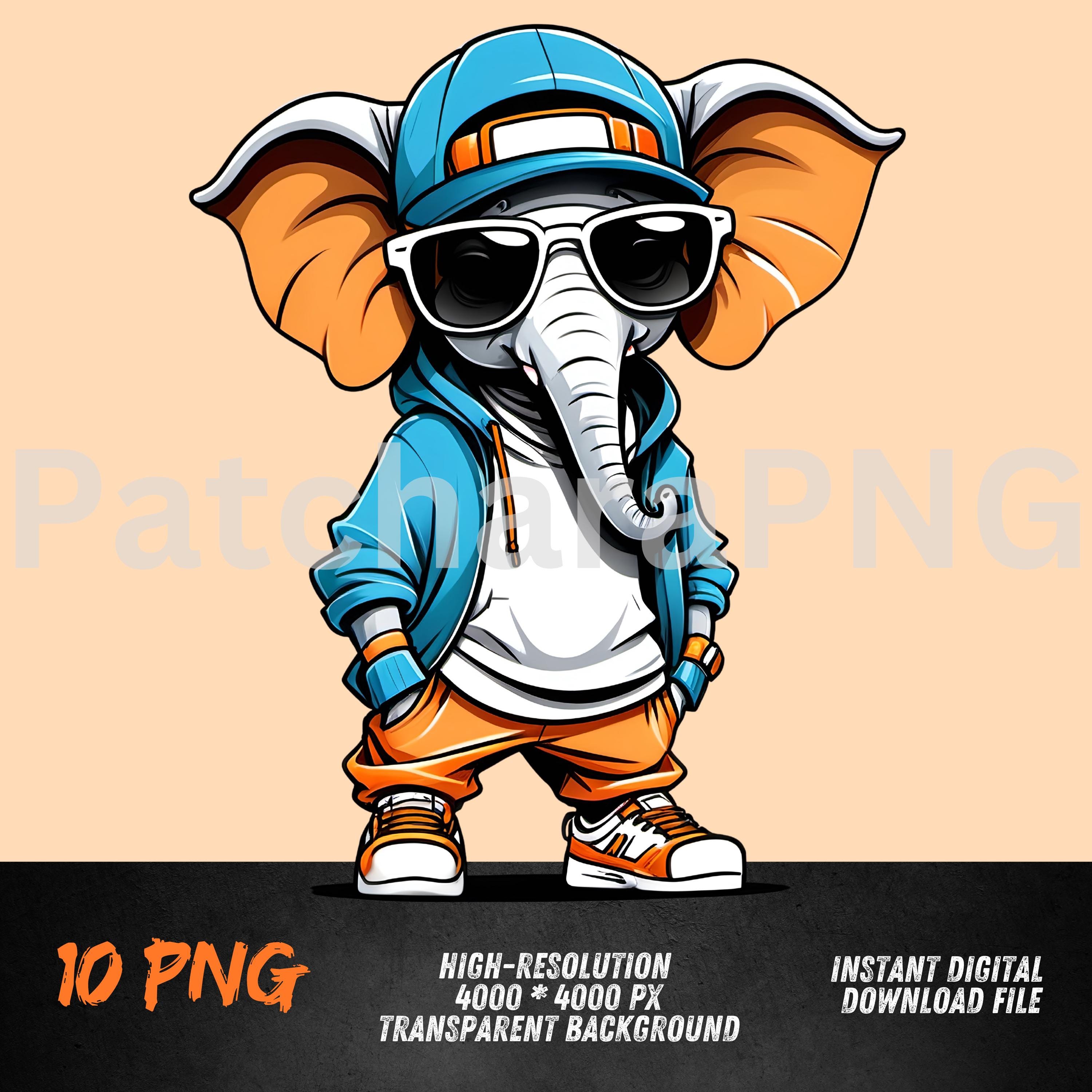 Cool Elephant PNG | Elephant Clipart in Hoodie and Shades | Urban Animal Sublimation Design | Street Style Jungle Art