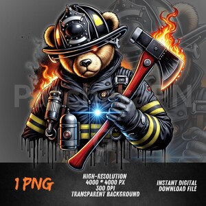 May include: Digital illustration of a bear dressed as a firefighter, wearing a black helmet and jacket with yellow stripes. The bear holds a red and black axe with flames. The image includes text: "1 PNG", "HIGH-RESOLUTION 4000 * 4000 PX 300 DPI TRANSPARENT BACKGROUND" and "INSTANT DIGITAL DOWNLOAD FILE".