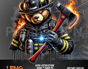Firefighter Bear PNG | Fireman Teddy Clipart with Axe & Flames | Digital Download for Sublimation , DTF Printing