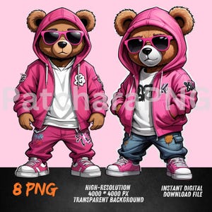 May include: Two cartoon teddy bears wearing pink hoodies, sunglasses, and jeans. One bear is wearing pink pants and the other is wearing blue jeans. Both bears have a white shirt underneath their hoodies.