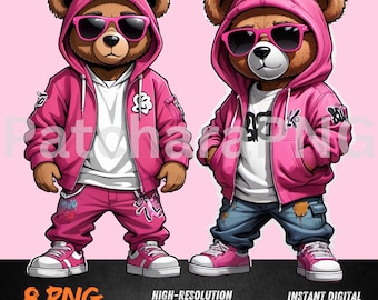 Pink Gangsta Bear PNG | Cool Teddy Bear Clipart in Hoodie and Sunglasses | Urban Street Style Design | Sublimation PNG for Shirts