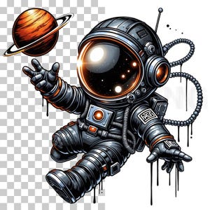 May include: Illustration of an astronaut in a black and gray spacesuit with orange accents, floating near a planet with rings. The astronaut's helmet reflects a starry sky. Black drips emanate from the astronaut's suit, creating a unique artistic effect.