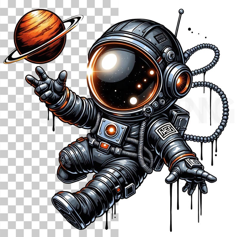 May include: Illustration of an astronaut in a black and gray spacesuit with orange accents, floating near a planet with rings. The astronaut's helmet reflects a starry sky. Black drips emanate from the astronaut's suit, creating a unique artistic effect.