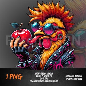 Rockstar Huhn PNG | Punk Huhn Clipart mit Sonnenbrille und Apfel | Edgy Tierkunst | Cooles Sublimationsdesign | Retro-Stil PNG