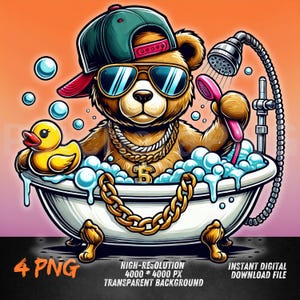 Bath Bear PNG | Cool Teddy in Bathtub with Gold Chain | Swag Bear Clipart | Funny Urban Hip Hop Design | Sublimation PNG