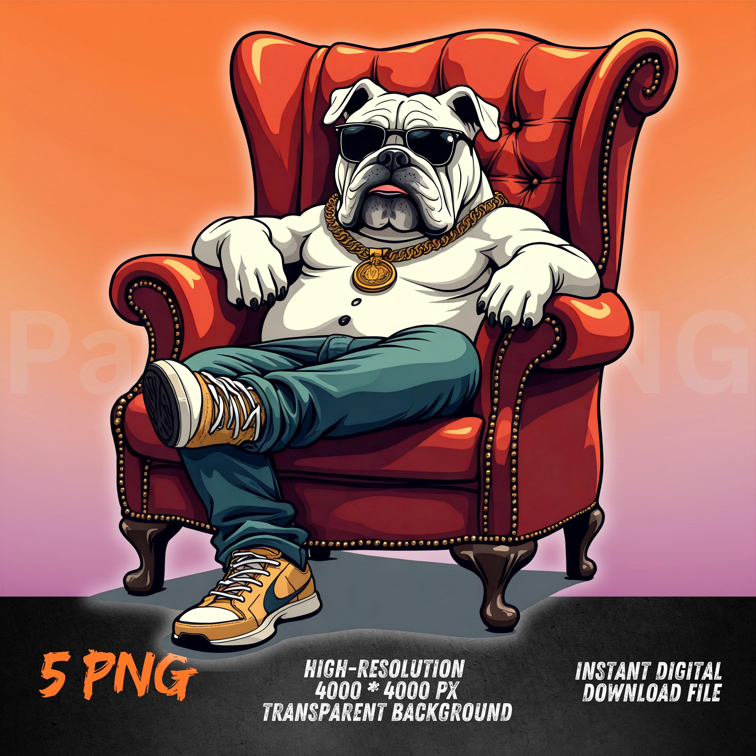ボスブルドッグ PNG | 金のチェーンをつけた椅子に座るブルドッグの