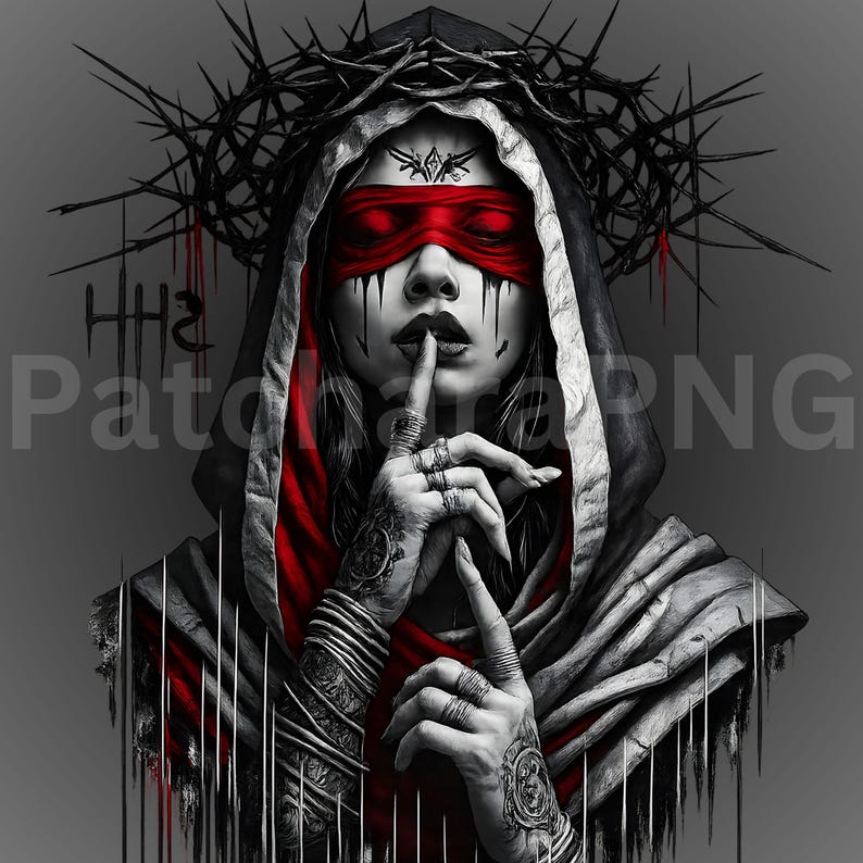 Pu&ograve; includere: Ritratto d'arte digitale di una persona con una benda rossa e una corona di spine. La persona indossa un mantello con cappuccio con accenti rossi e ha il dito sulle labbra. L'immagine &egrave; in scala di grigi con dettagli rossi e neri.