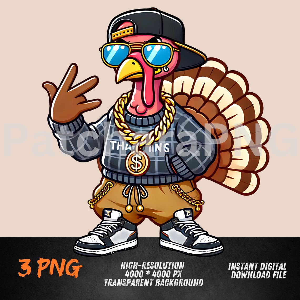 Hip Hop Turkey PNG | Funny Turkey Clipart With Glasses and Chains ...