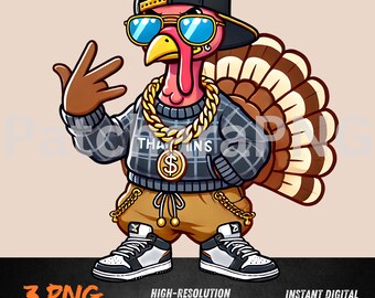 Hip Hop Turkey PNG | Funny Turkey Clipart with Glasses and Chains | Thanksgiving Swag Bird Sublimation Design | Digital Art File