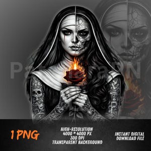 Teschio di suora gotica PNG Faccia divisa Stile tatuaggio femminile oscuro Design per maglietta Sublimazione Download digitale
