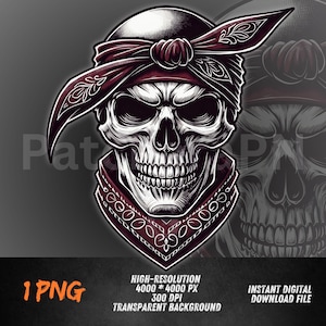 May include: A detailed illustration of a skull wearing a burgundy bandana and head covering. The skull is white with dark eye sockets and teeth. The bandana has a decorative pattern. The image also includes text: 1 PNG, HIGH-RESOLUTION, and INSTANT DIGITAL DOWNLOAD FILE.
