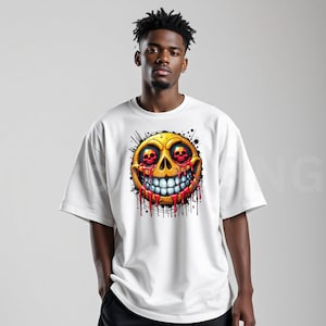 May include: White t-shirt featuring a yellow smiley face with skull eyes and dripping red blood. The graphic has a cartoonish style with black splatter details. The shirt is a casual, oversized fit.