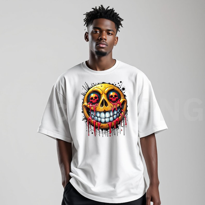 May include: White t-shirt featuring a yellow smiley face with skull eyes and dripping red blood. The graphic has a cartoonish style with black splatter details. The shirt is a casual, oversized fit.