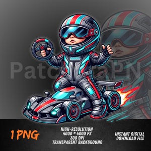May include: Cartoon illustration of a child in a racing suit and helmet, sitting on a race car. The car is gray with red and blue accents. The child is holding a steering wheel and giving a thumbs up. The image includes the text "RIMAL".