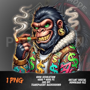 Rich Gorilla PNG – Hiphop-apa Clipart med Money Jacket och Cigar | DTF Transfer för Streetwear, Urban Fashion