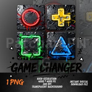 May include: Digital design with four neon gaming symbols: a red circle, yellow cross, green square, and blue triangle. The symbols are on textured, dark grey squares with a graffiti style. The words "GAME CHANGER" are below.