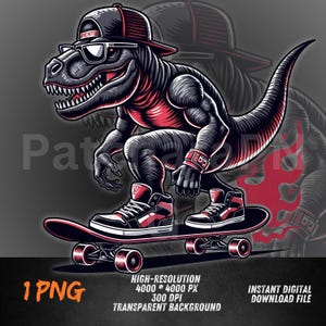 Skater Dino PNG | Cool Dinosaur Clipart on Skateboard | Urban Reptile Street Style | Sublimation Design | Edgy Teen Art PNG