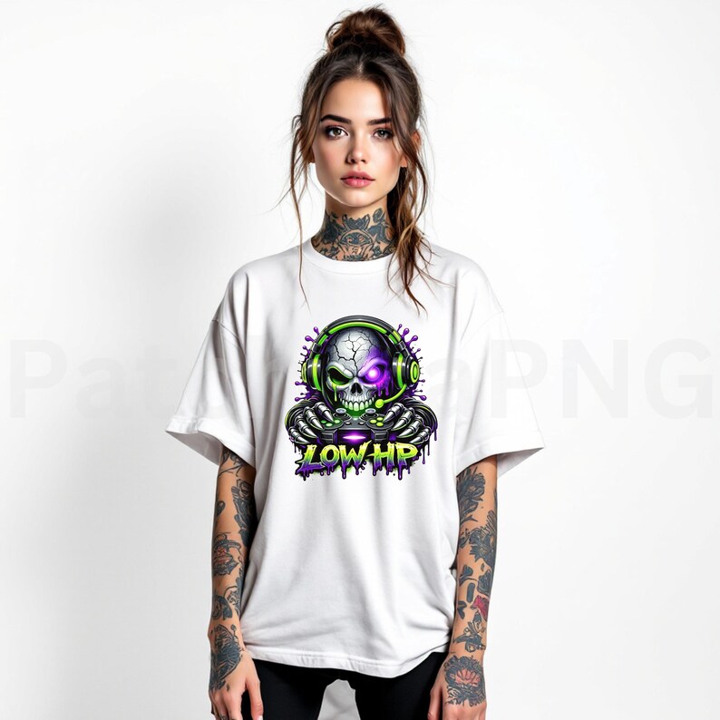 May include: White t-shirt featuring a skull wearing a headset and holding a game controller. The skull has a purple eye and green accents. The text "LOW HP" is below the skull in purple and green.