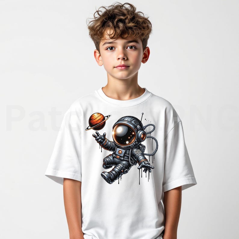 May include: White t-shirt featuring a cartoon astronaut floating in space, holding a planet. The astronaut is wearing a dark gray spacesuit with a reflective helmet. The planet is orange and brown with a ring around it. The design has a playful, illustrative style.