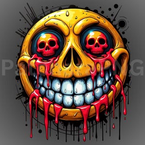 May include: A digital illustration of a yellow emoji with a skull face. The emoji has red skulls for eyes, and red blood dripping from its mouth. The teeth are white, and the background is gray with black paint splatters.
