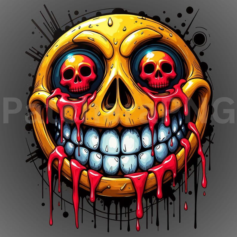 May include: A digital illustration of a yellow emoji with a skull face. The emoji has red skulls for eyes, and red blood dripping from its mouth. The teeth are white, and the background is gray with black paint splatters.