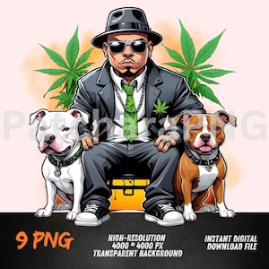 Hip-Hop Man PNG with Dogs & Weed Leaves | Gangsta Streetwear Cartoon | DTF, Sublimation, Sticker Clipart