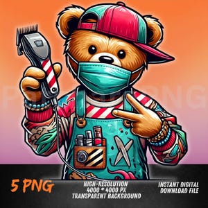 Barber Teddy Bear Clipart | Hip-Hop Barber Shop PNG | Trendy Streetwear Bear Digital Download for Sublimation