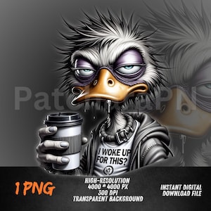 Può includere: Illustrazione digitale di un'anatra scontrosa che tiene in mano una tazza di caffè. L'anatra indossa una felpa con cappuccio e una maglietta con la scritta "I WOKE UP FOR THIS?". L'immagine ha uno sfondo trasparente ed è un download digitale ad alta risoluzione.