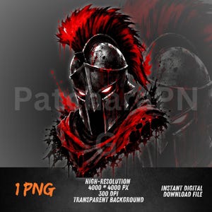 Peut inclure: Illustration numérique d'un casque spartiate avec une crête et des accents rouges, sur fond gris. Le casque est noir avec des yeux rouges brillants et une écharpe rouge. Le texte "1 PNG", "HAUTE RÉSOLUTION" et "TÉLÉCHARGEMENT NUMÉRIQUE INSTANTANÉ" est inclus.
