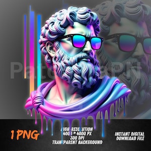 Puede incluir: Ilustración digital de un busto de estatua clásica con gafas de sol con lentes degradadas. La estatua está pintada en tonos de azul, morado y rosa con efectos de pintura goteando. La imagen incluye el texto "1 PNG" y "INSTANT DIGITAL DOWNLOAD FILE".