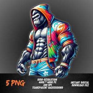 May include: A digital illustration of a muscular gorilla wearing a colorful hooded jacket and blue pants. The gorilla has a serious expression and is standing with its arms crossed.