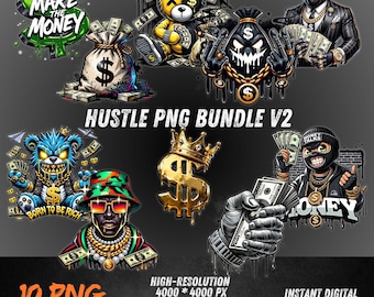Hustle PNG Bundle V2 / Grafica Money Mindset per DTF, Sublimazione, POD, Clipart Rich Life