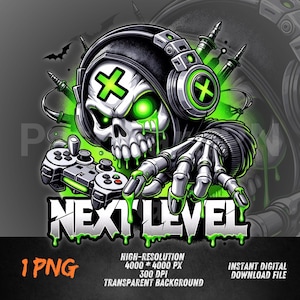May include: Digital artwork featuring a skull wearing headphones with a green cross symbol, holding a game controller. The skull has glowing green eyes and green liquid dripping from it. The text "NEXT LEVEL" is below the skull, with green outlining.