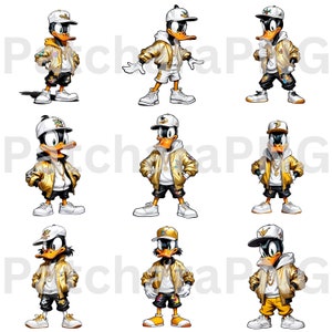 Pode incluir: Nove patos de desenho animado vestindo jaquetas douradas, camisas brancas e cal&ccedil;as pretas. Cada pato tem uma pose e express&atilde;o diferentes. Os patos est&atilde;o usando correntes de ouro e chap&eacute;us.